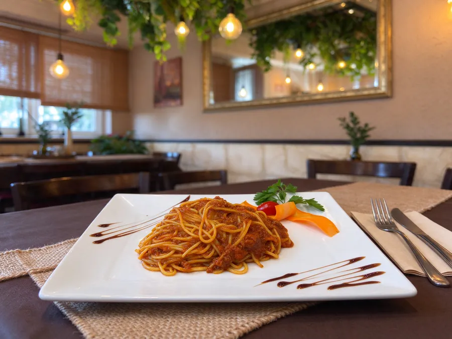 Spaghetti Bolognese auf einem weißen Teller im Gastraum des Alpen Cavallino